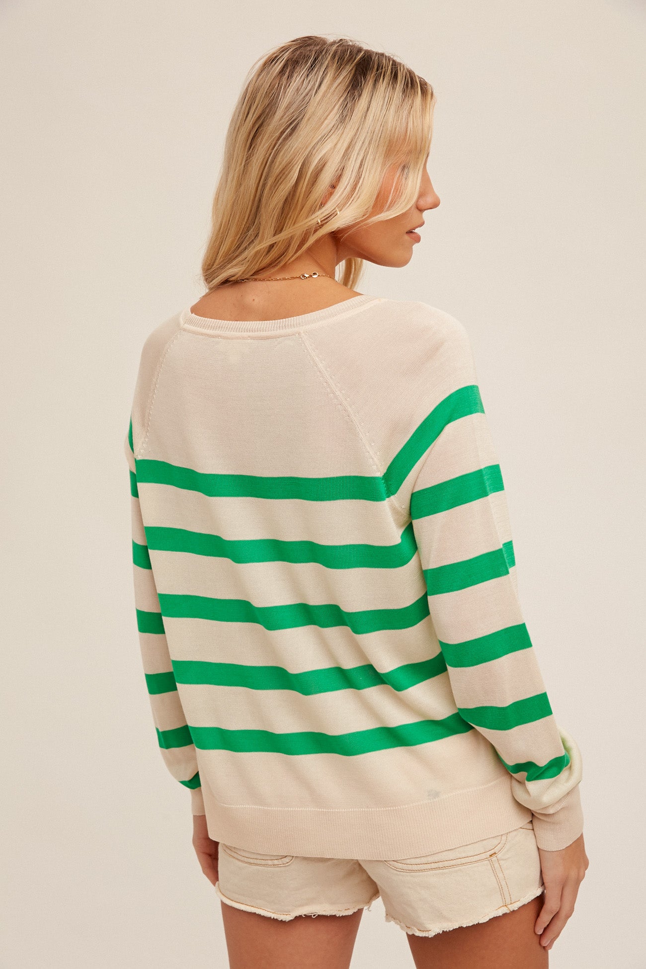 Raglan Sleeve Striped Pullover Sweater - Kelly Green