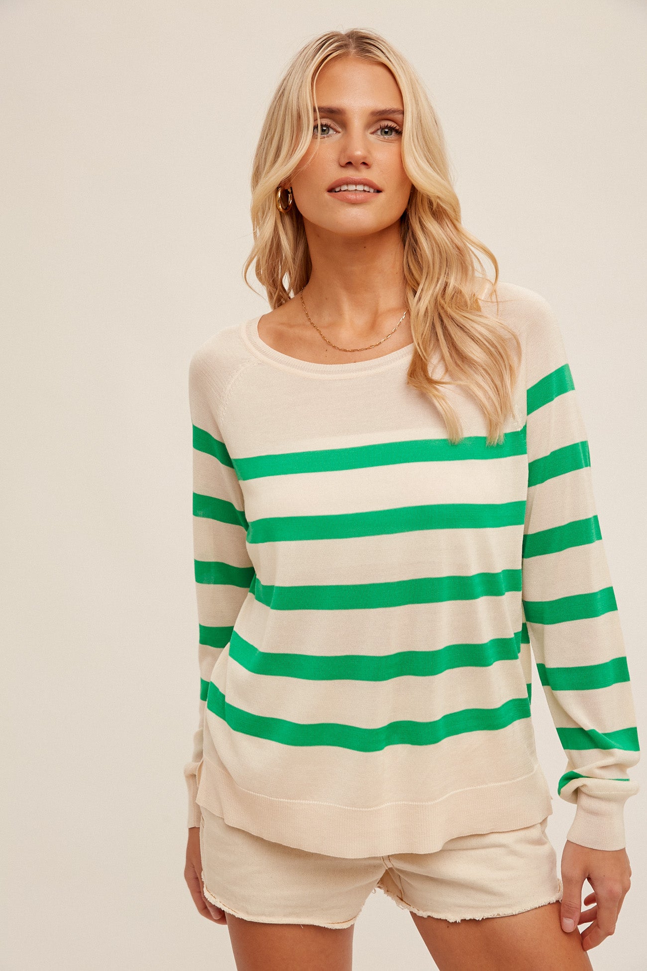 Raglan Sleeve Striped Pullover Sweater - Kelly Green