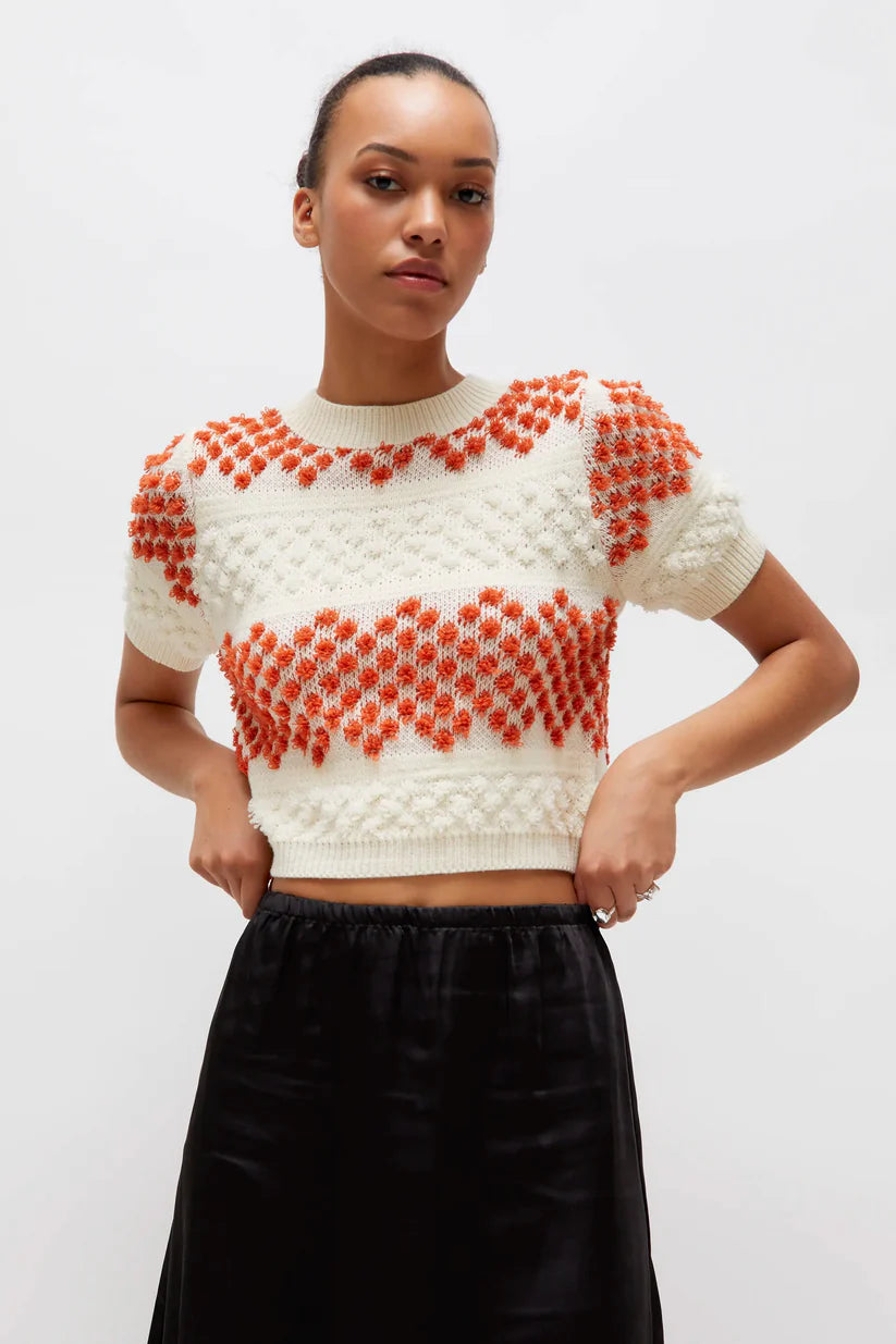 Short Sleeved Popcorn Stitch Sweater - Orange/White