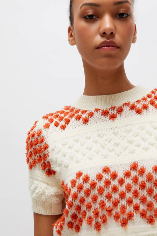 Short Sleeved Popcorn Stitch Sweater - Orange/White