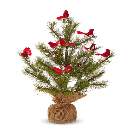 Holiday Tree In Burlap Bag With Cardinals - 16"