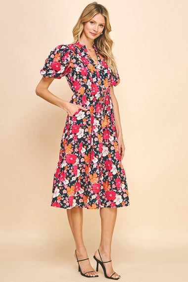 Floral Print Dress with Puffed Sleeves - Deep Navy