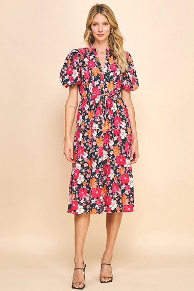 Floral Print Dress with Puffed Sleeves - Deep Navy