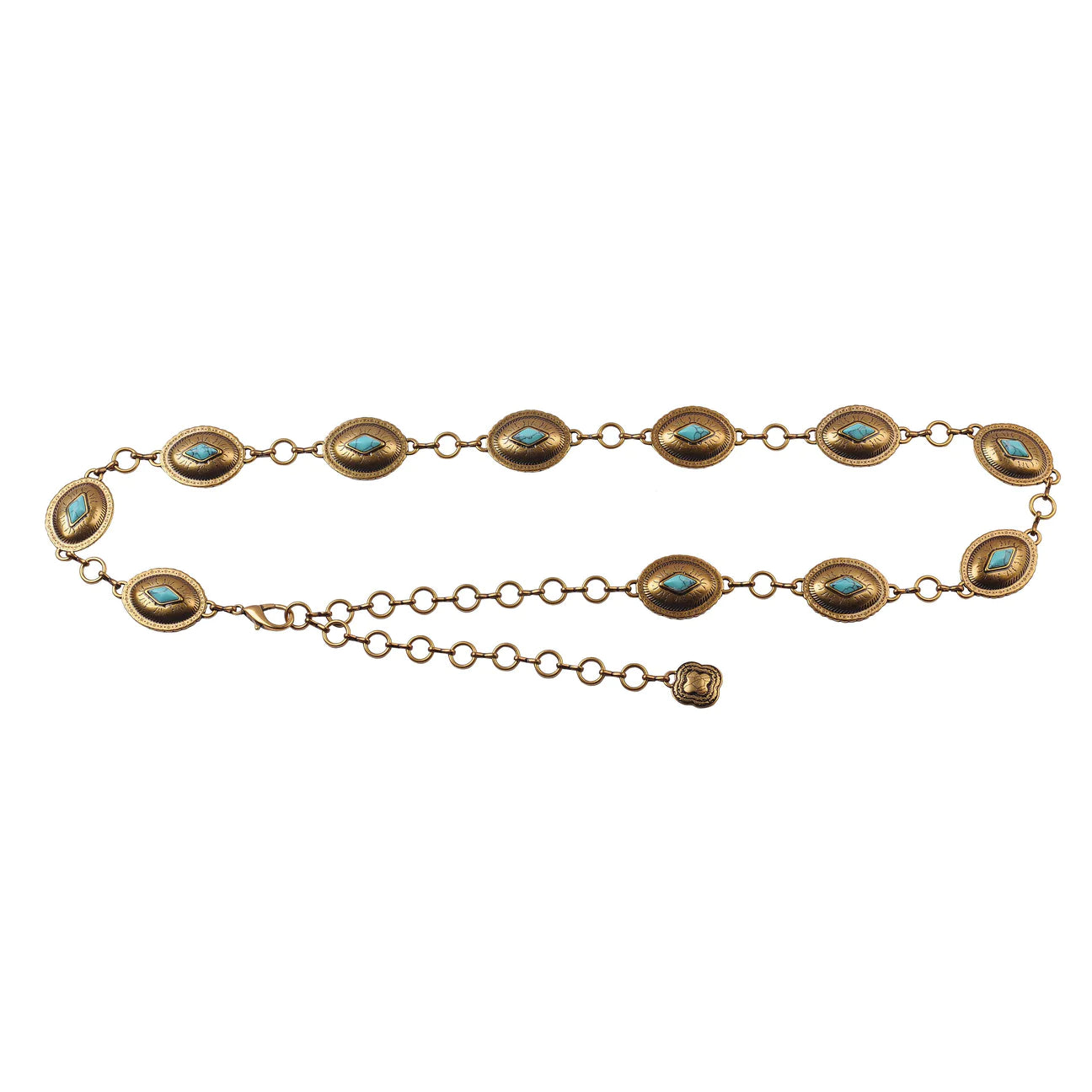 Mini Oval Turquoise Concho Chain Belt - Gold