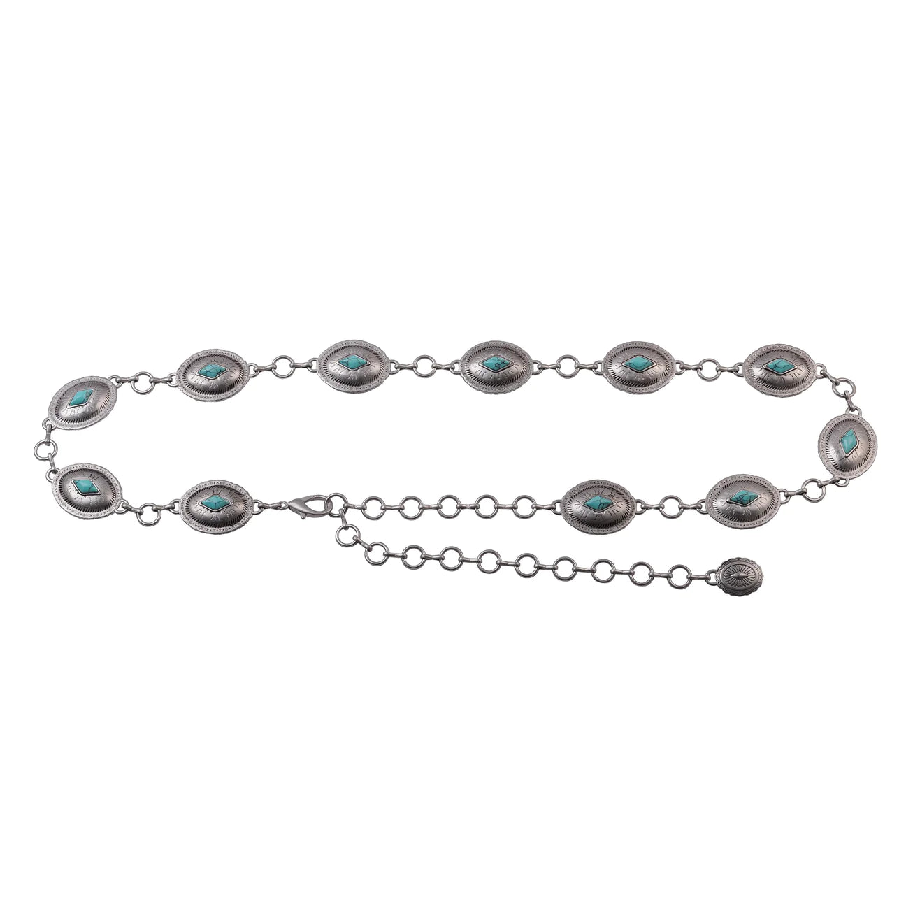 Mini Oval Turquoise Concho Chain Belt - Silver
