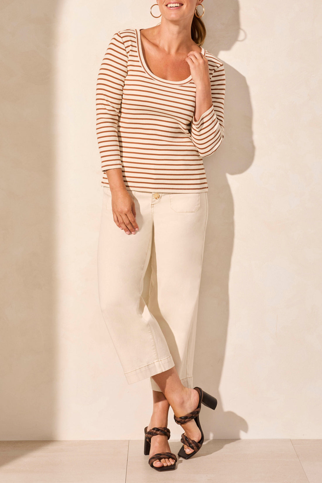 Wide Crew Neck Stripe Top - Desert Sand