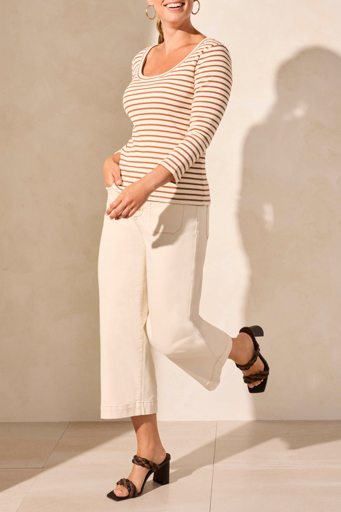 Wide Crew Neck Stripe Top - Desert Sand