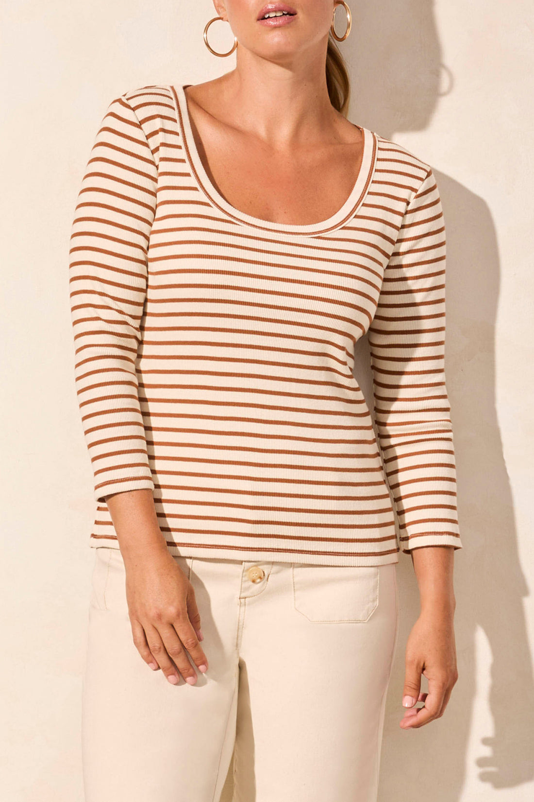 Wide Crew Neck Stripe Top - Desert Sand