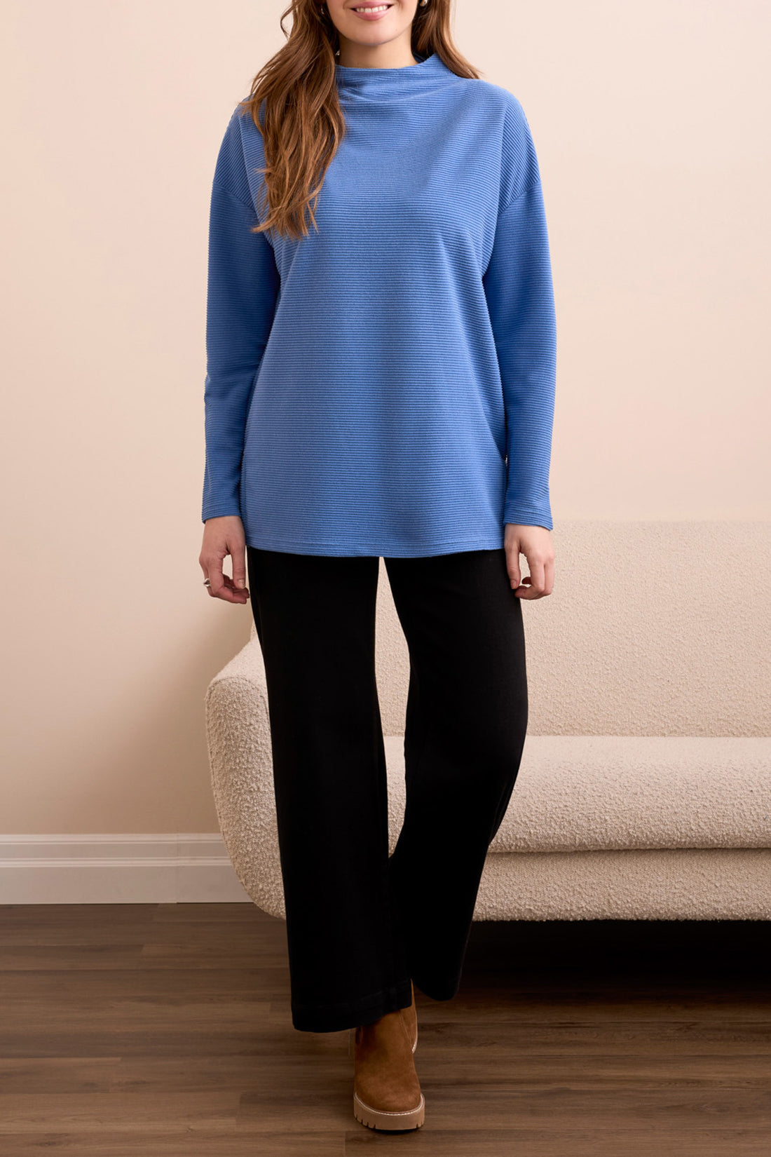 Funnel Neck Tunic with Side Slits - Heather Ultra Blue