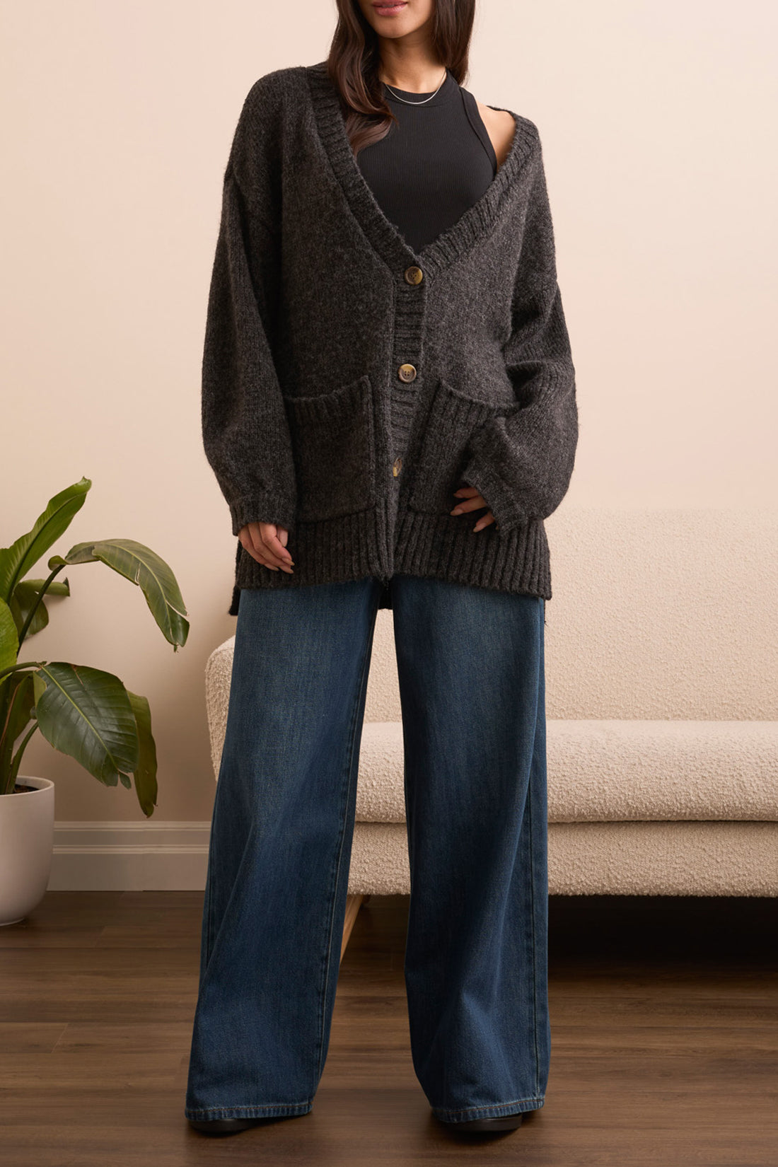 Oversized Puff Sleeve Cardigan - Heather Black