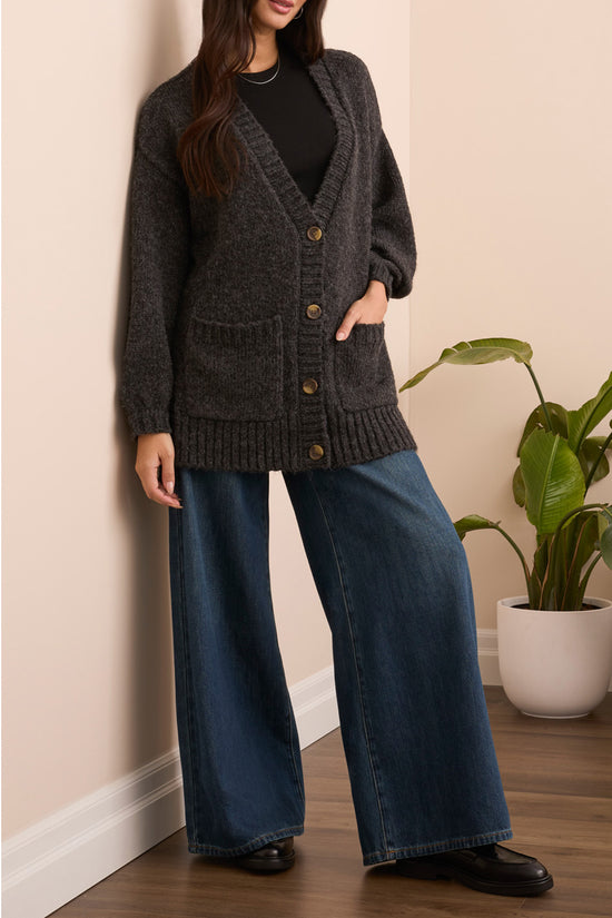 Oversized Puff Sleeve Cardigan - Heather Black
