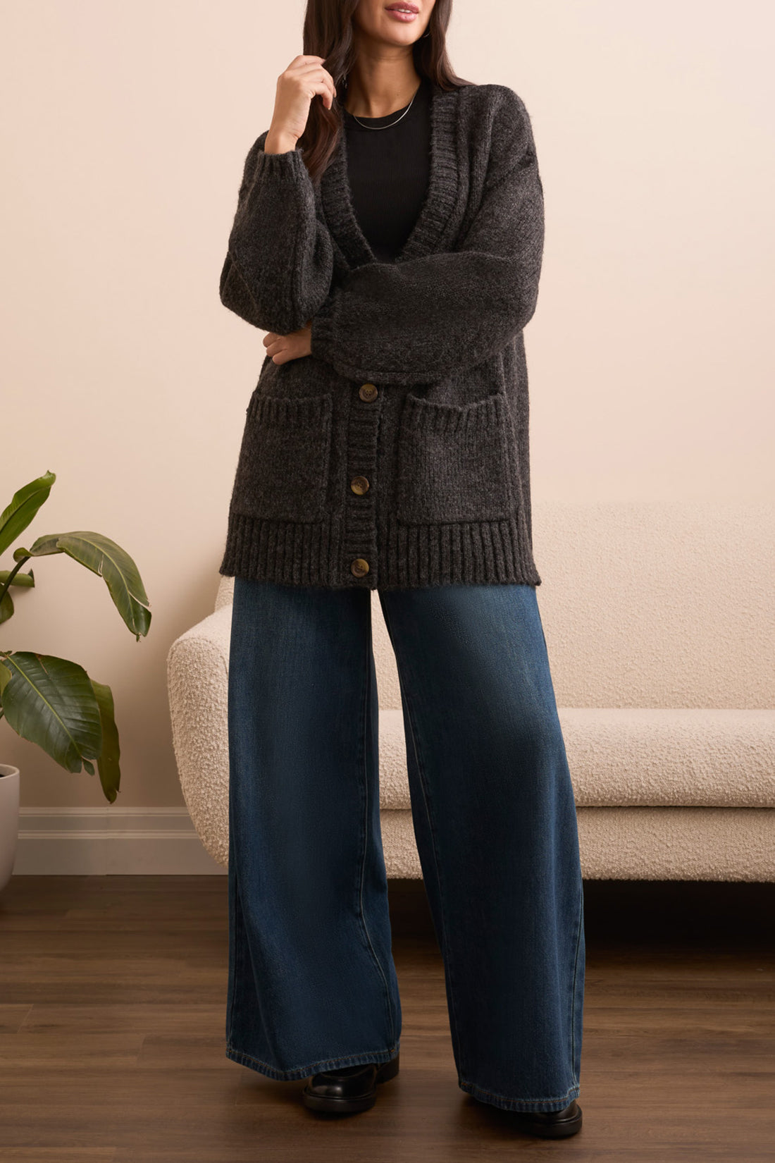 Oversized Puff Sleeve Cardigan - Heather Black