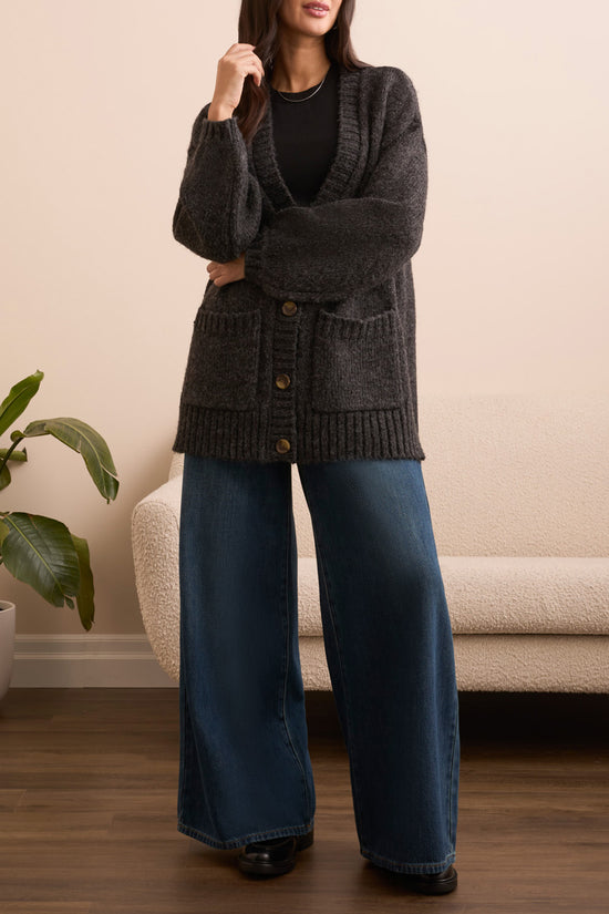 Oversized Puff Sleeve Cardigan - Heather Black