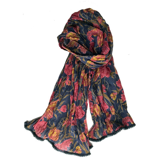 Crinkled Cotton Scarf - Tulips Charcoal