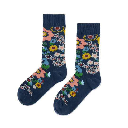 60s Floral Crew Socks - Navy