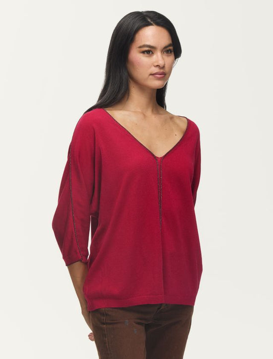 Fawn V-Neck Sweater with Sparkle Edge - Holly Berry