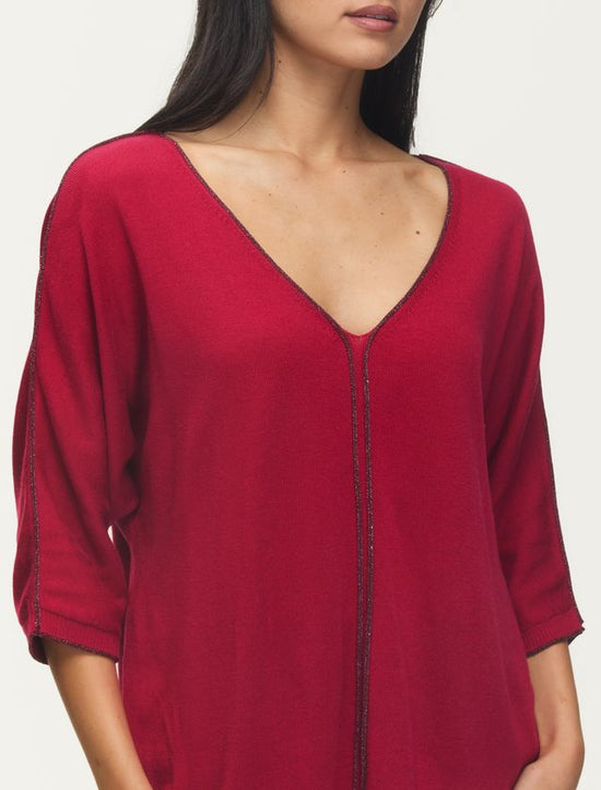 Fawn V-Neck Sweater with Sparkle Edge - Holly Berry