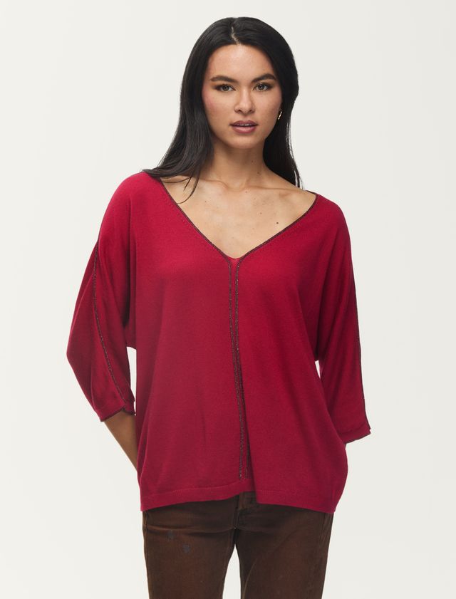 Fawn V-Neck Sweater with Sparkle Edge - Holly Berry