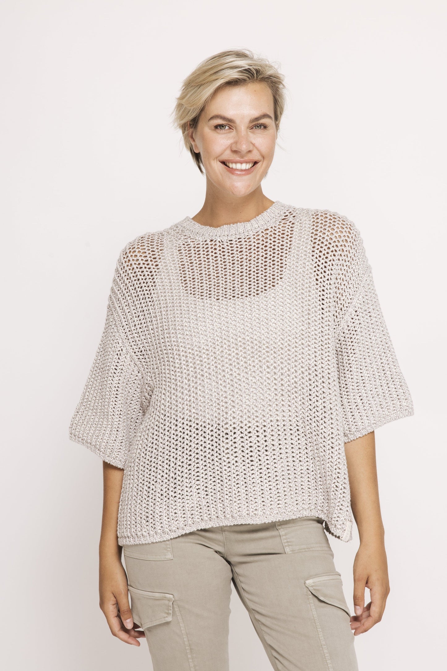 Narelle Short Sleeve Open Weave Sweater - Grey