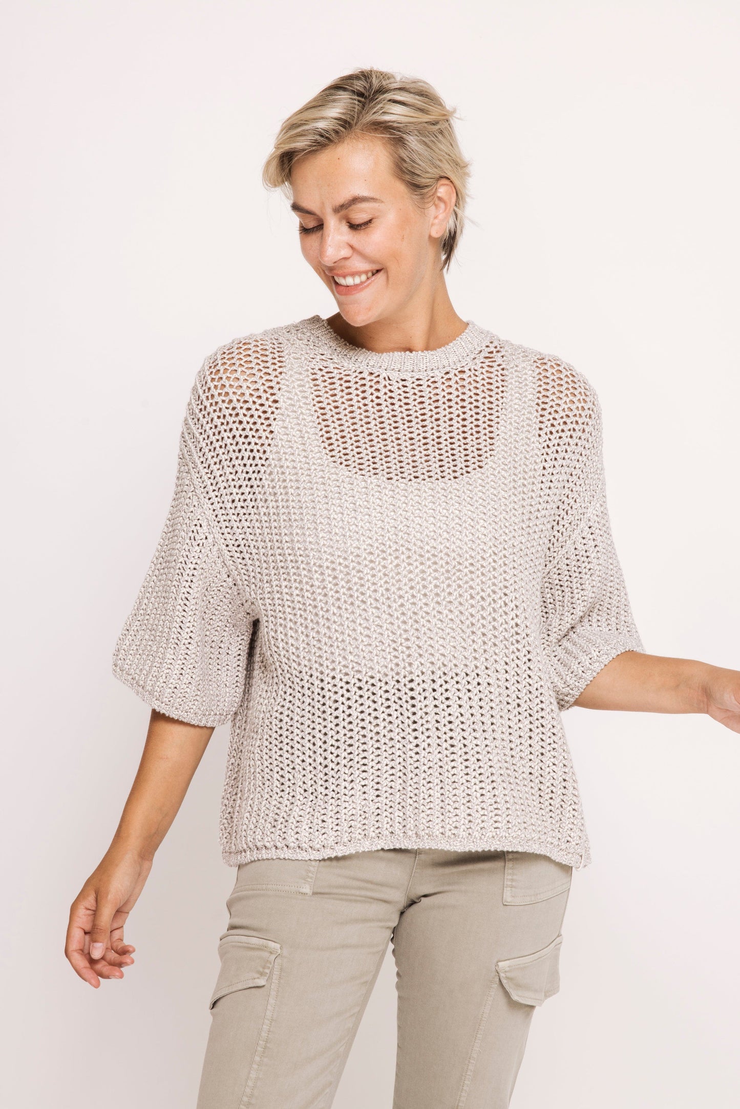 Narelle Short Sleeve Open Weave Sweater - Grey
