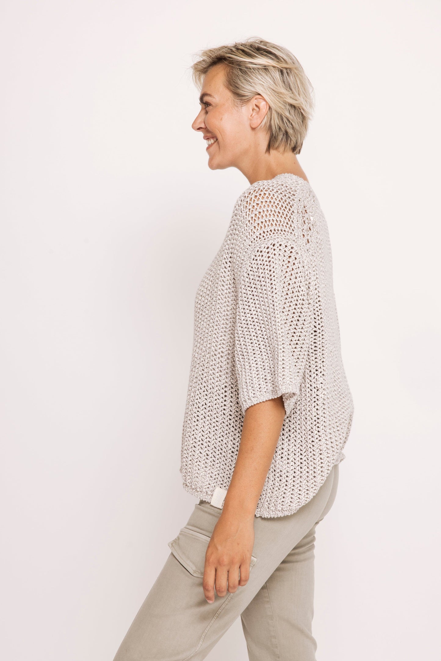 Narelle Short Sleeve Open Weave Sweater - Grey