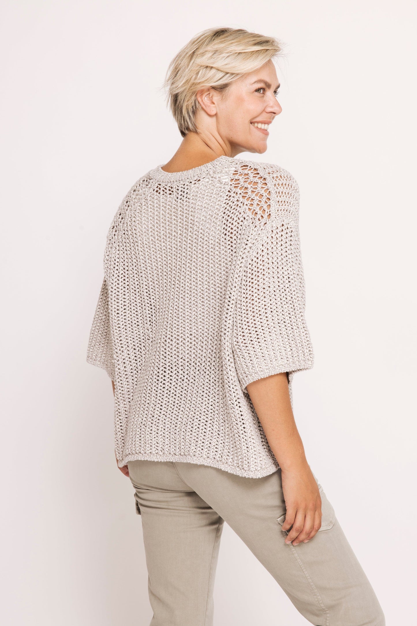 Narelle Short Sleeve Open Weave Sweater - Grey