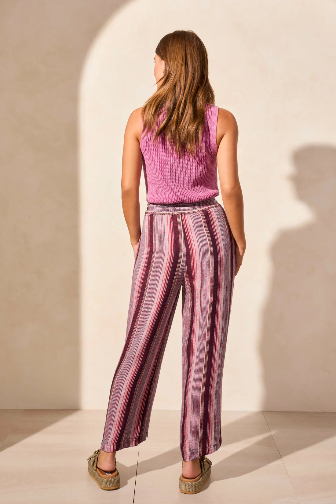 Linen Blend Striped Pants - Maroon