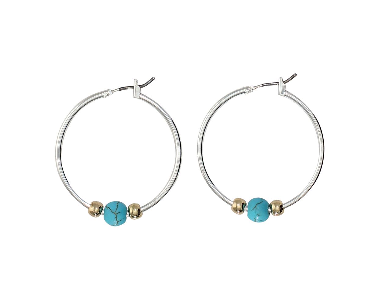Load image into Gallery viewer, Silver Hoop Earrings with Turquoise and Gold Beads
