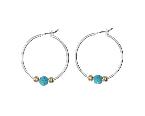 Load image into Gallery viewer, Silver Hoop Earrings with Turquoise and Gold Beads
