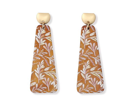 Wooden Earrings with Painted Leaf Pattern