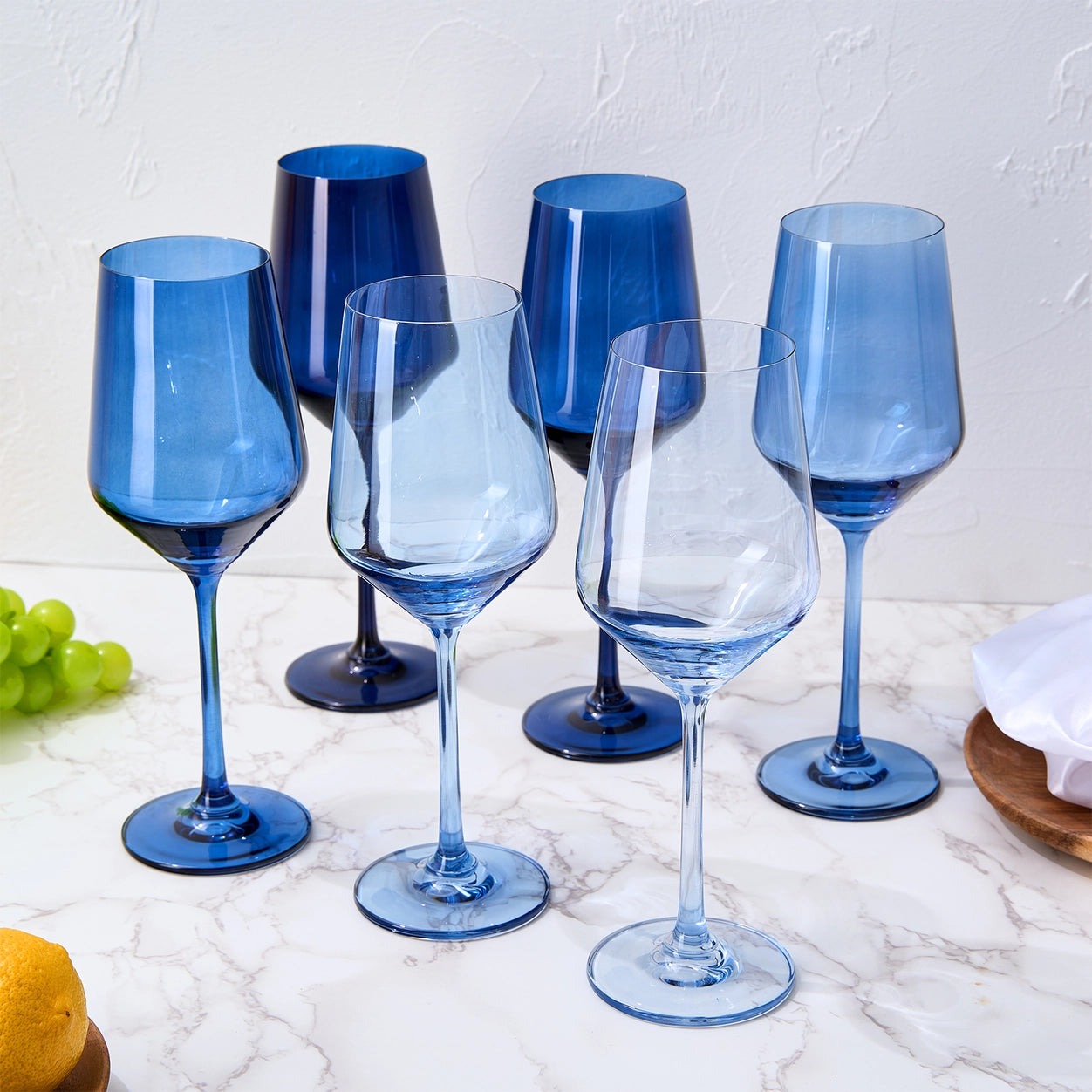 Six Shades of Blue Crystal Wine Glasses