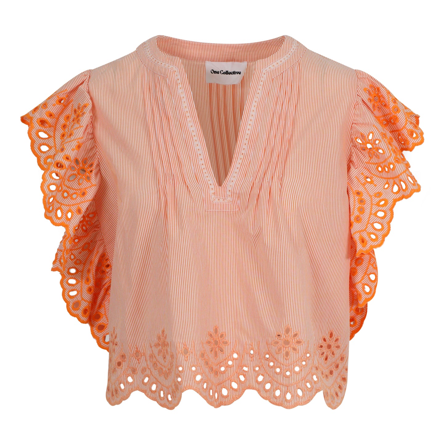 Embroidered Ruffle Sleeve Top - Orange/White