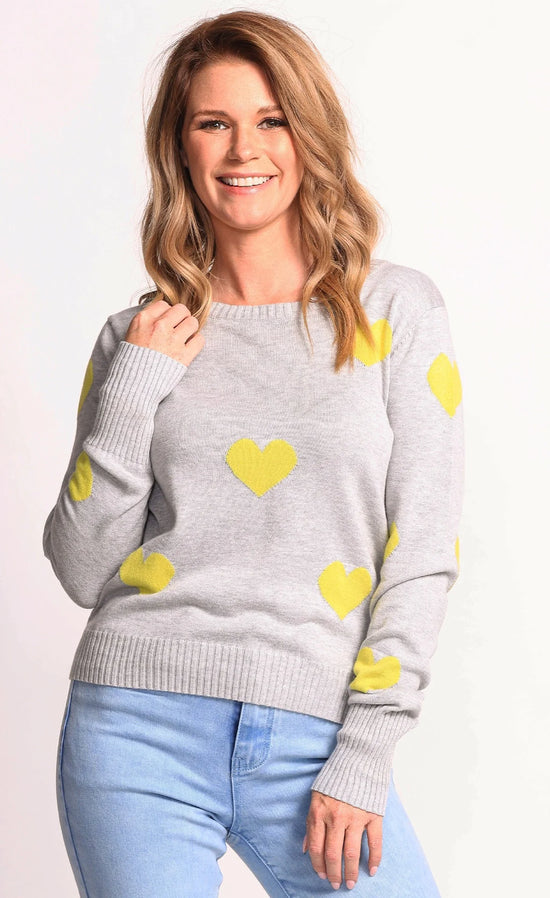 All My Love Pullover Sweater with Neon Hearts - Grey