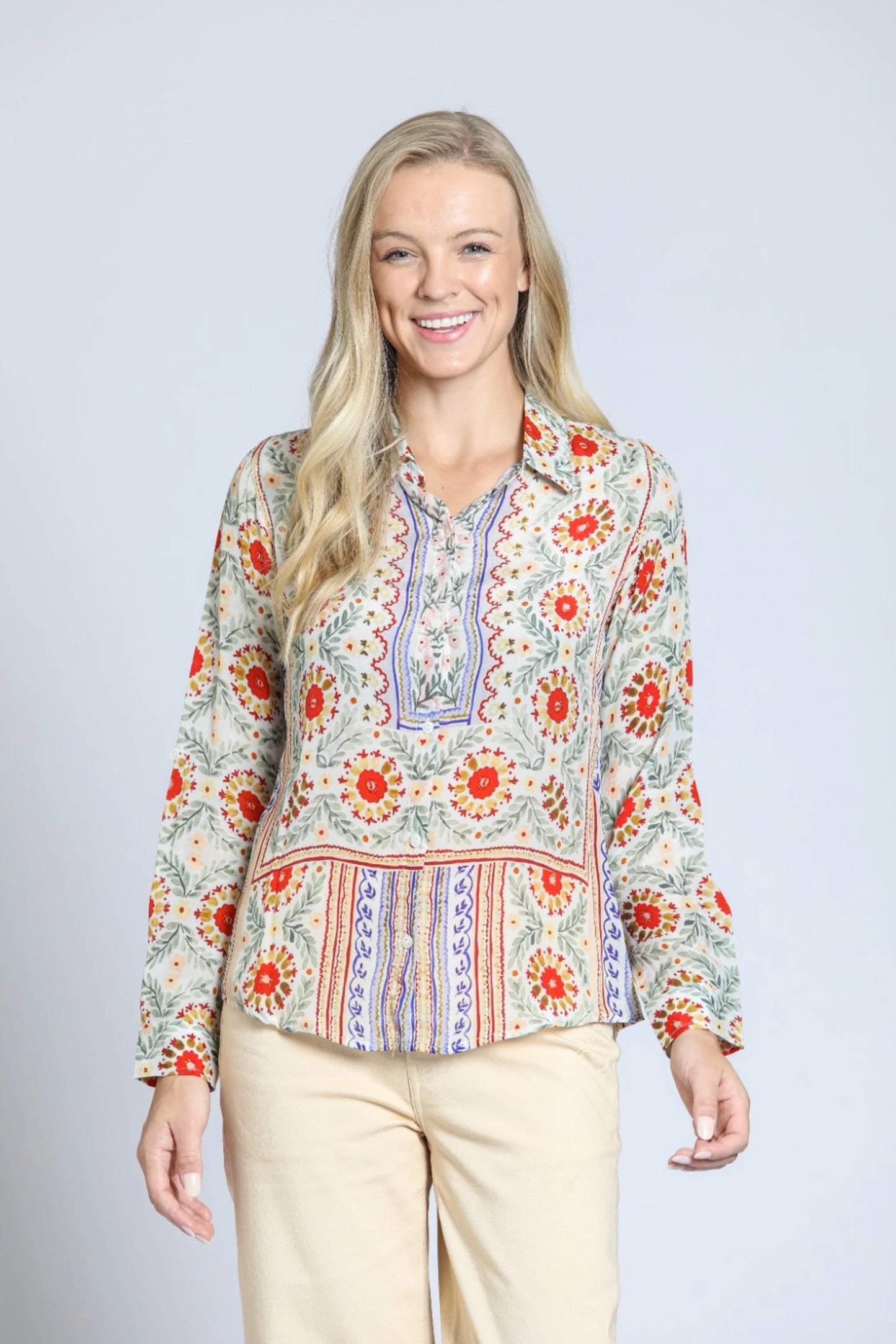 Button Front Top with Roll-Up Sleeves - Orange/Gold
