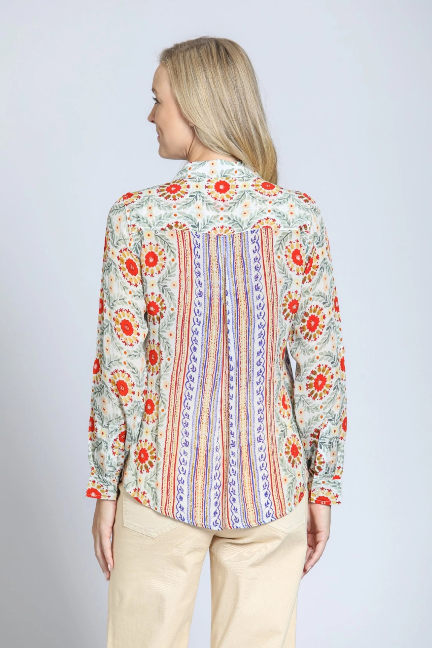 Button Front Top with Roll-Up Sleeves - Orange/Gold