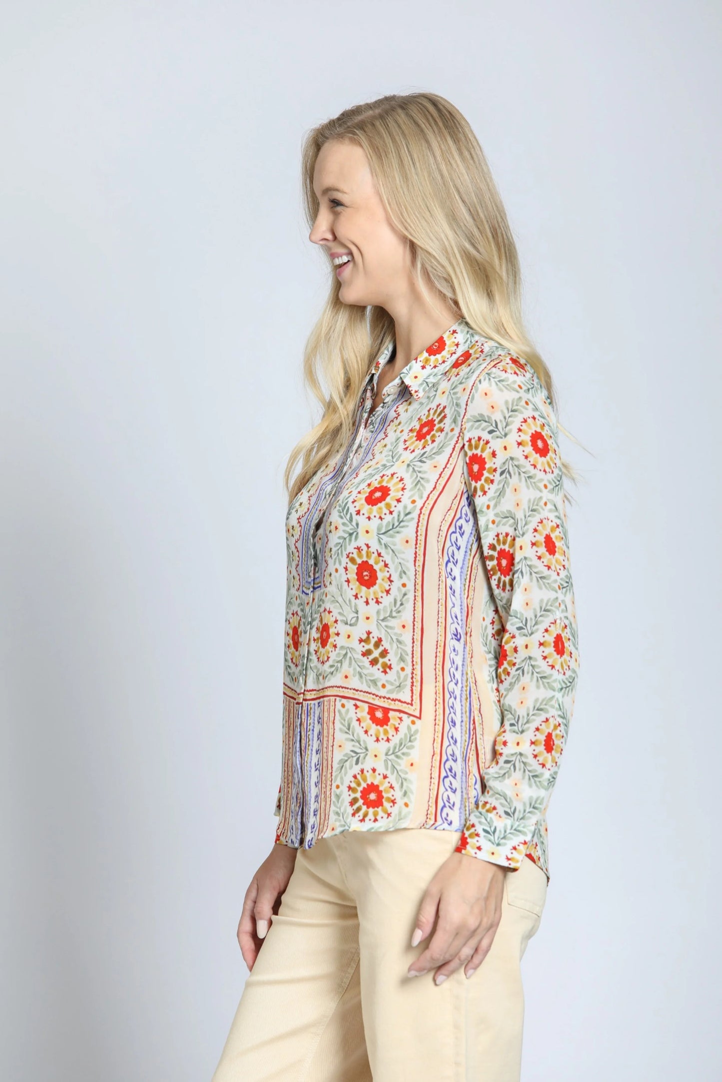 Button Front Top with Roll-Up Sleeves - Orange/Gold