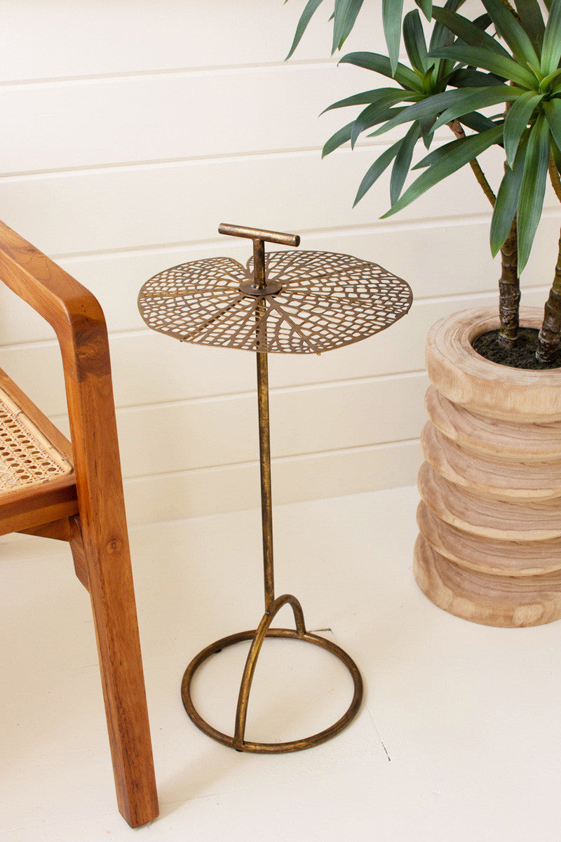 Antique Brass Accent Table - Perforated Leaf Design
