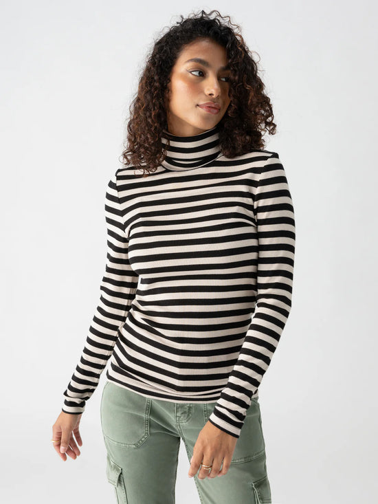 Essential Turtleneck Top - Toasted Almond/Black Stripe