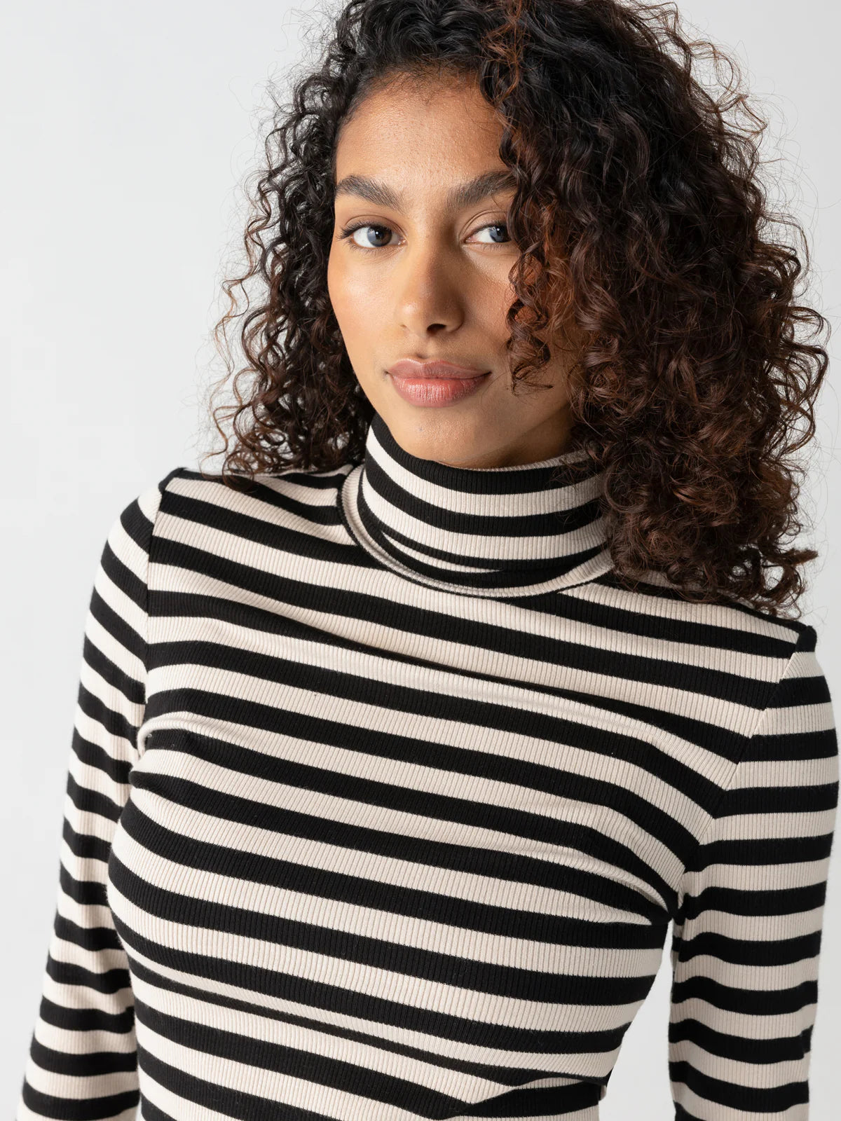 Essential Turtleneck Top - Toasted Almond/Black Stripe