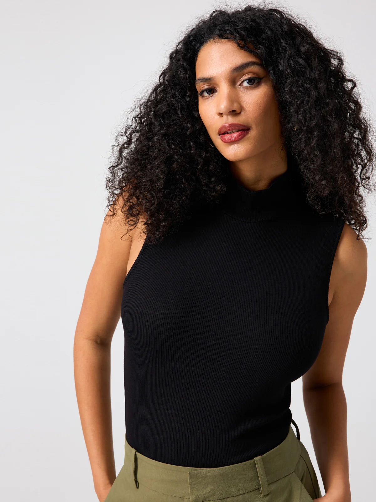 Essential Sleeveless Mock Turtleneck Top - Black