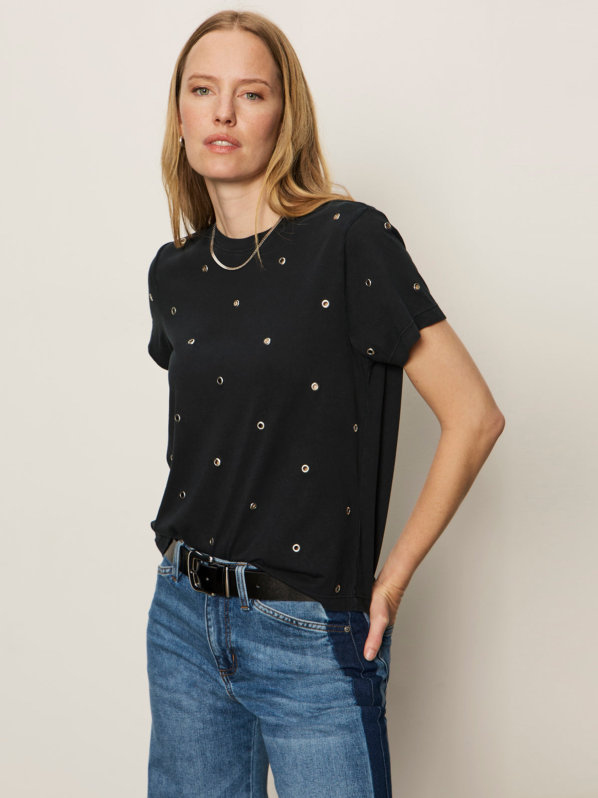 Embellished Tee - Faded Black with Gromets