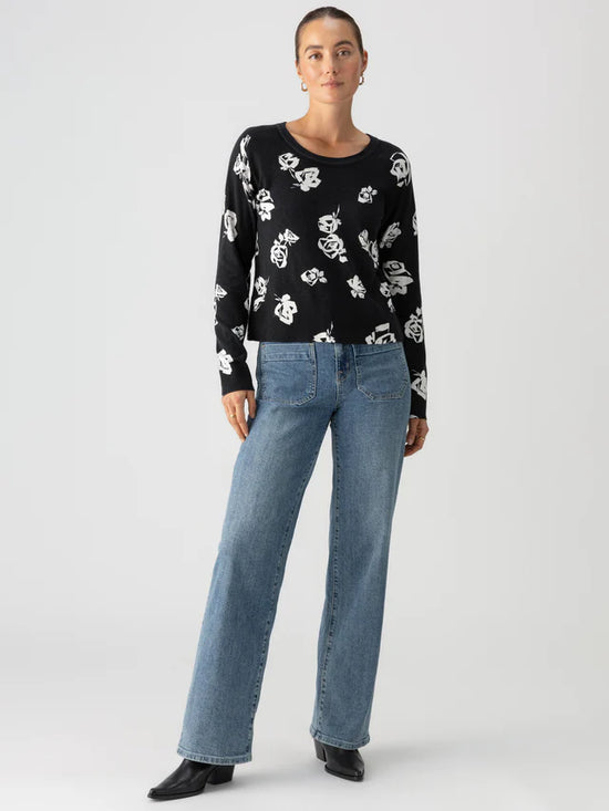 All Day Long Pullover Sweater - Rose Stencil Black