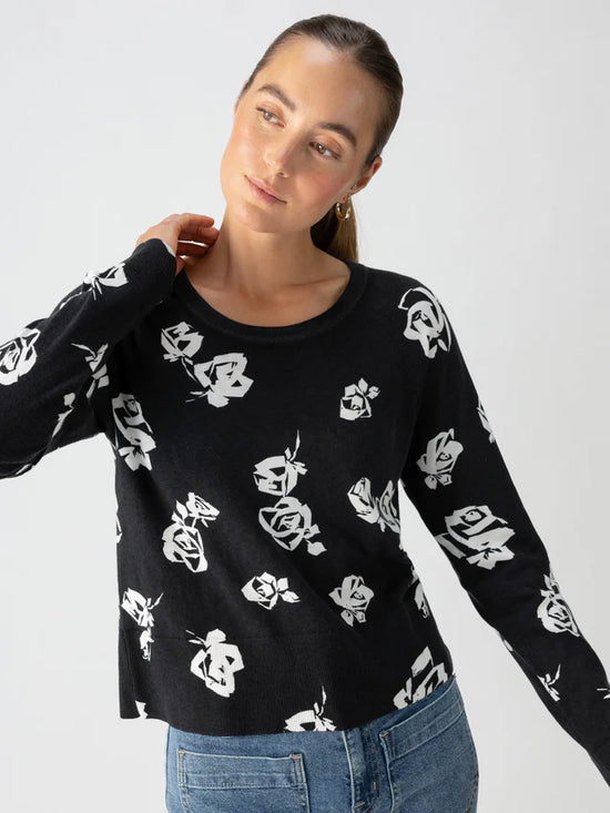 All Day Long Pullover Sweater - Rose Stencil Black