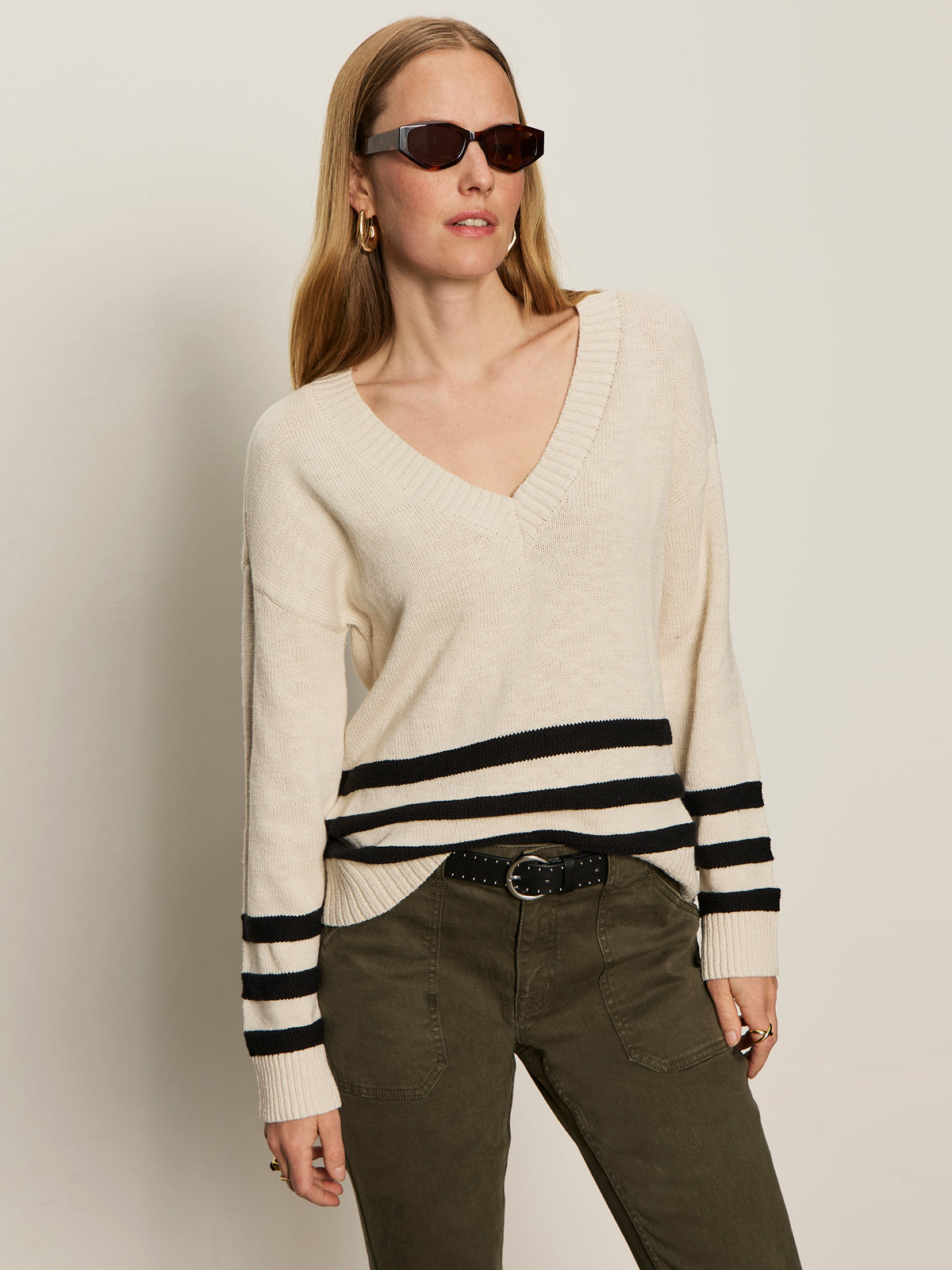 Classic V-Neck Sweater - Light Oat with Black Border Stripes