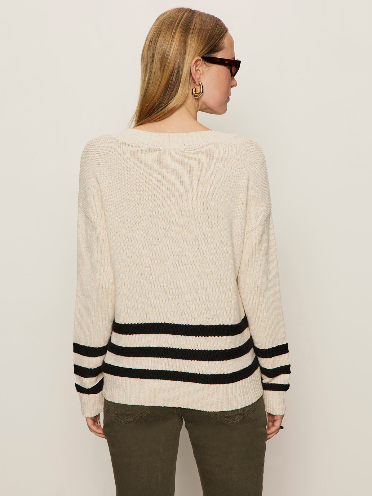 Classic V-Neck Sweater - Light Oat with Black Border Stripes
