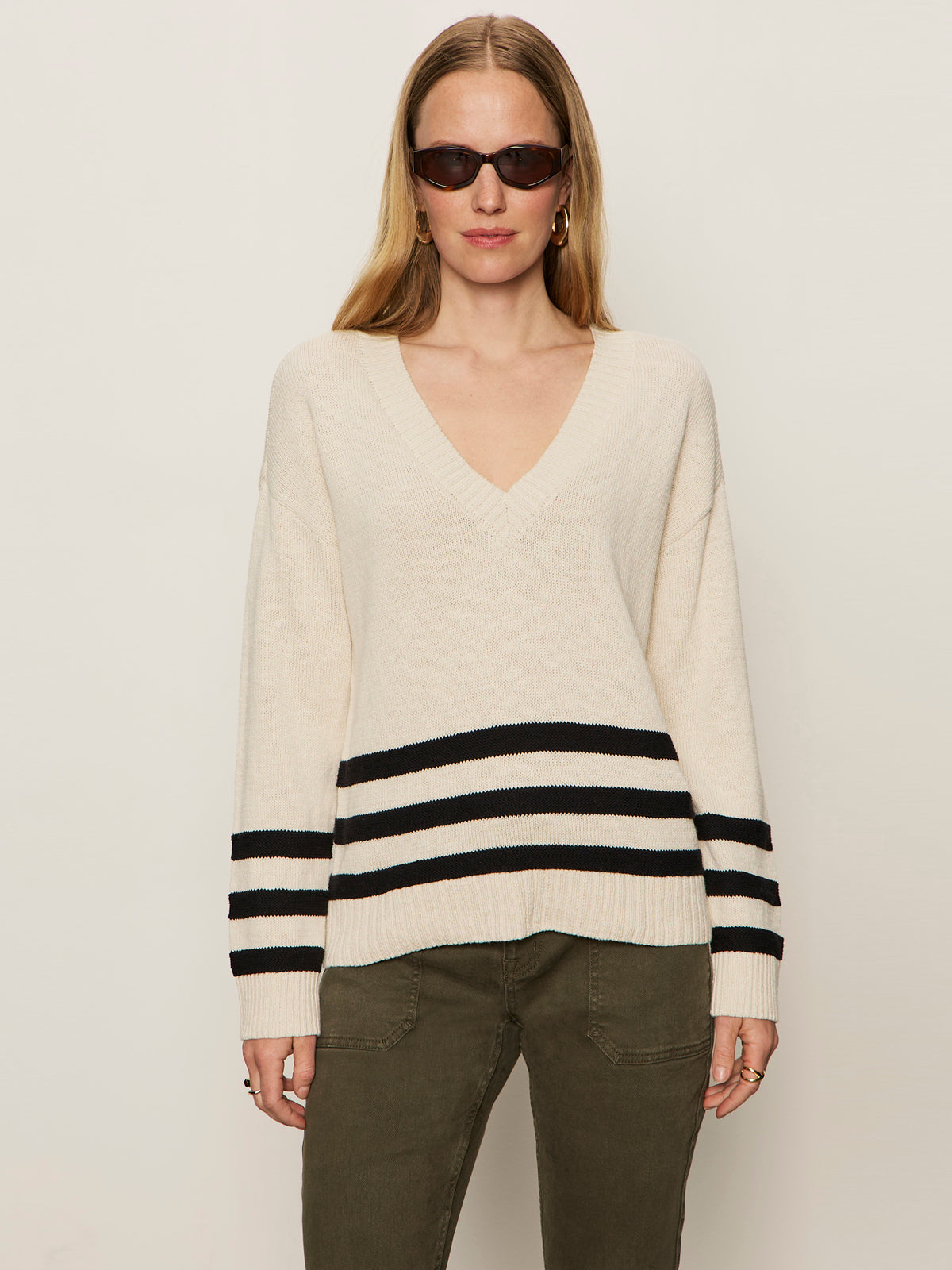 Classic V-Neck Sweater - Light Oat with Black Border Stripes