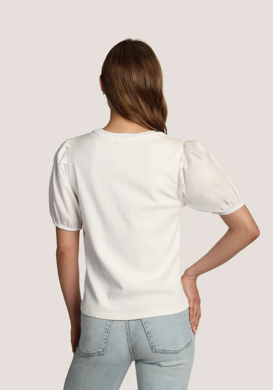 Cate Crew Neck Top with Puff Sleeves - White