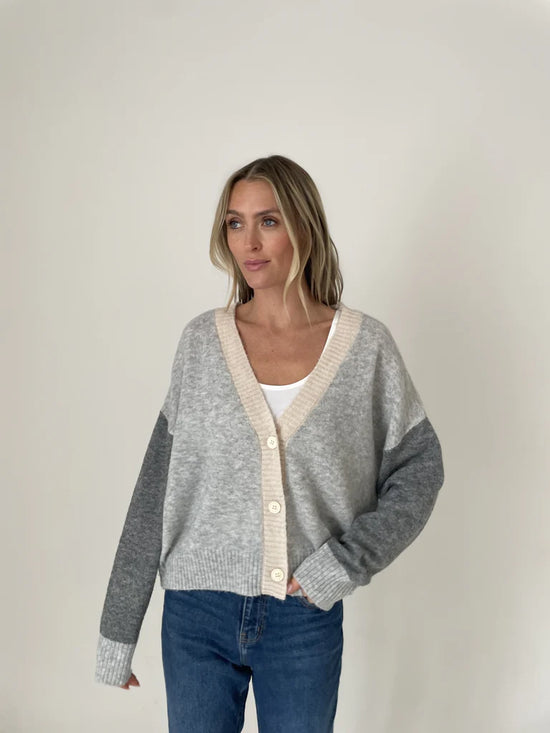 Colorblock V-Neck Cardigan Sweater - Grey