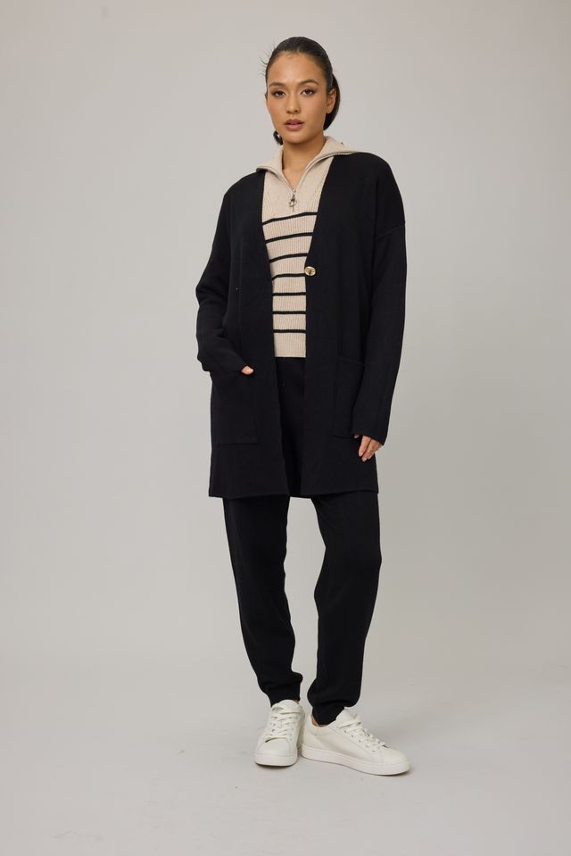Long One Button Cardigan Sweater - Black