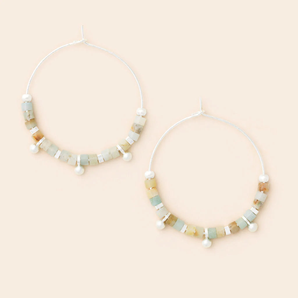 Stone Disc Hoop Earrings - Amazonite / Silver